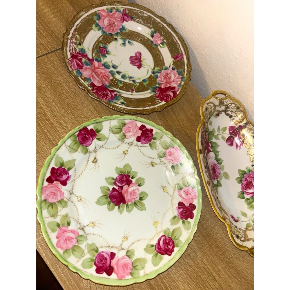 Antique Hand Painted Nippon Porcelain Set Rose Plates & Oval Celery Dish Gold